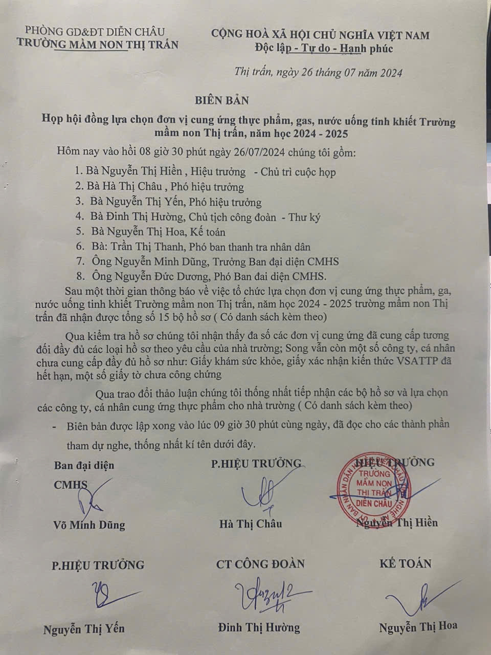 Biên bản họp hội đồng lựa chọn đơn vị cung ứng thực phẩm, gá, nước uống