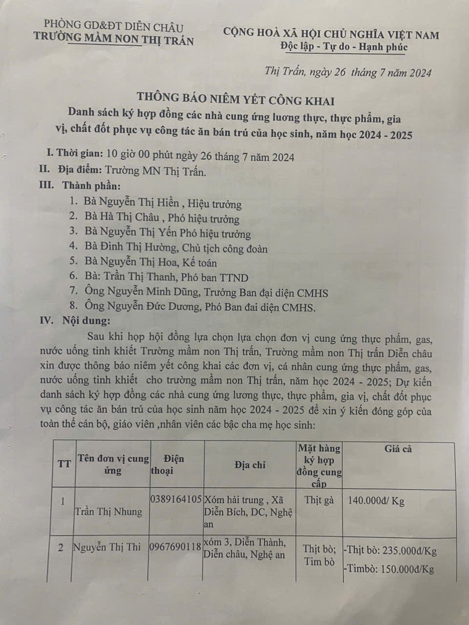 Thông báo niêm yết công khai danh sách kí hợp đồng các nhà cung ứng thực phẩm, gas, nước uống